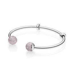 NIEUWE 100% 925 Sterling Zilver 596438PCZ Moments Zilver Open Bangle met Pave Caps Roze Fit DIY Charm Dames Originele Mode-sieraden Gift1