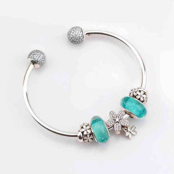 Nuevo conjunto de pulsera de plata de ley 100% 925 para mujer de Europa, flores blancas de primavera, regalo artesanal, brazalete Original, abalorio verde AA220315