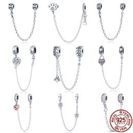 NIEUWE 100% 925 Sterling Silver Flower Safety Chain Charms Bead Past Pandora Armband Hanger Vrouw Mode Fijne Sieraden