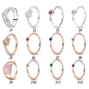 NIEUWE 100% 925 Sterling Zilveren Ring Fit Pandora Love Heart Diamond Rood Blauw Groen Geboortesteen Ringen voor Europese Vrouwen Bruiloft Origi215W