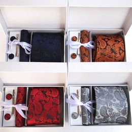 Nieuwe 100% Zijde Klassieke Mannen Stropdassen Clip Hanky Manchetknopen sets Bloemen merk Formele Slijtage Business Bruiloft Heren Stropdas K10234c