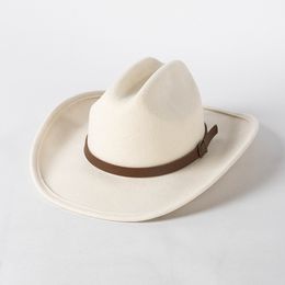 Chapeaux de Cowboy occidentaux en laine 100% pour femmes et hommes, chapeau fascinateur blanc à large bord, Fedora Jazz, décoration de fête formelle, casquette de mariage, nouvelle collection