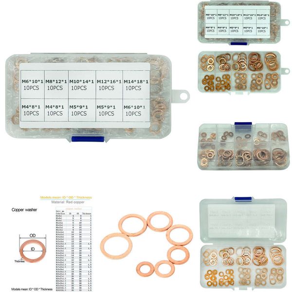 Nuevo kit de surtido de sello de anillo de anillo plano y tuerca de arandela de cobre de 100 piezas con caja M4/M5/M6/M8/M10/M12/M14 para enchufes de sumidero