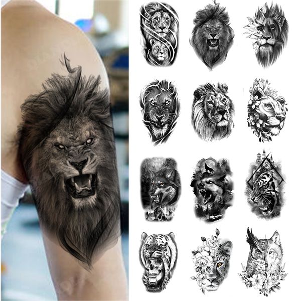 Nueva 100 Unids Ventas Al Por Mayor Impermeable Etiqueta Engomada Del Tatuaje Temporal León Oso Lobo Bosque Hombre Leopardo Cráneo Cuerpo Brazo Arte Mujeres Manga