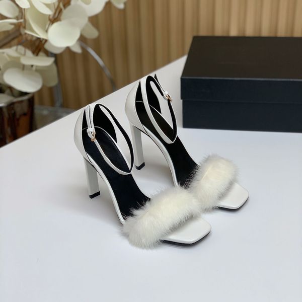 Nuevos tacones altos de 10 cm, sandalias de pelo de visón de piel de oveja para mujer, zapatos de diseñador de lujo, cordones de fábrica de moda, caja de zapatos
