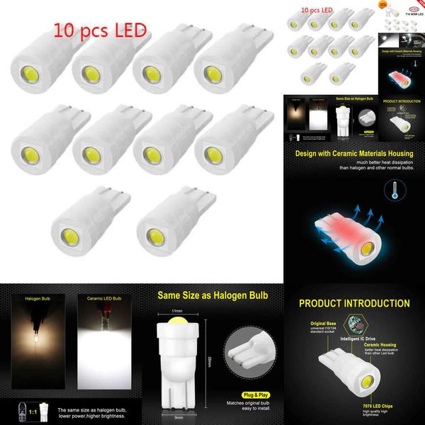 Nouveau 10pcs Céramique T10 W5W Bulbes LED 194 168 VAR INTÉRIEURES PORTE CEINDE PORTE SIDE BALBE PLAQUE AUTO AUTO LAMPE AUTO BLANC DC 12V