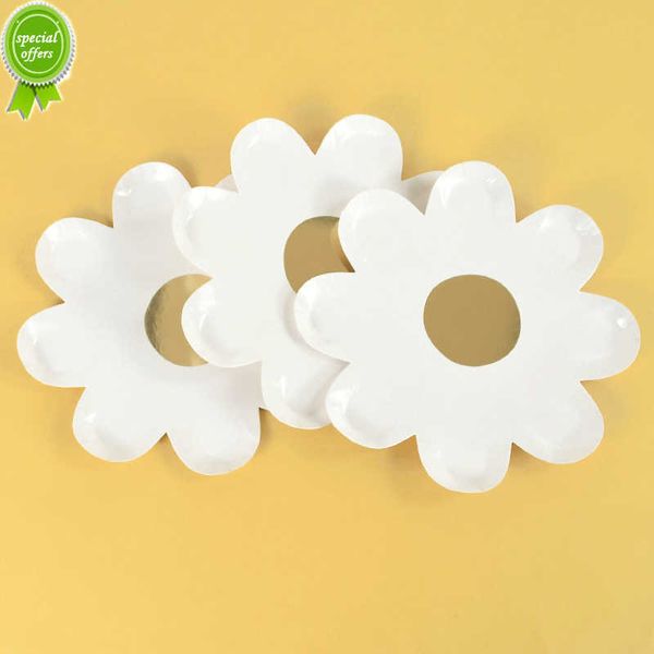 Nouveau 10 Pcs Daisy Party Assiette En Papier Pailles Vaisselle Jetable Blanc Fleur Gâteau Plateau pour Enfants Anniversaire Décoration Baby Shower Supply