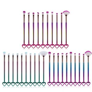 Nouveau 10pcs / set pinceaux de maquillage dégradé de couleur ensemble Bling Bling visage ombre à paupières fond de teint pinceaux de maquillage forme de coeur sourcils pinceaux cosmétiques