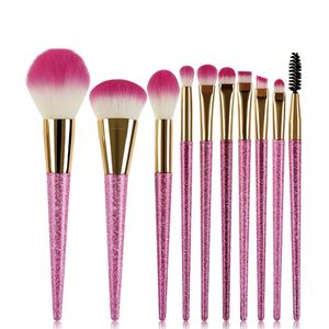 Nouveau 10pcs / set Rose Glitter Pinceaux De Maquillage Ensemble Quickstand Shinny Brosse Poudre Fond De Teint Fard À Paupières Sourcils Lèvres Ventilateur Mélange Maquillage Brosse Kit