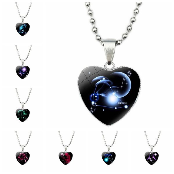 Nouveau 12 Constellations Pendentif Colliers pour Femmes Dame Filles Hommes Métal Verre Coeur Conception Zodiaque Mode Chandail Bijoux Argent Perles Chaîne