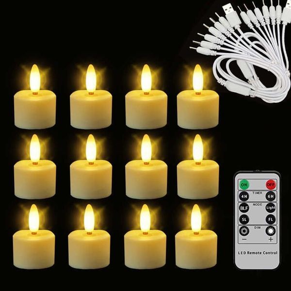 Nouveau 12 bougies chauffe-plat rechargeables avec minuterie à distance 3D sans flamme scintillement Halloween bougies LED décoration pour noël et mariage H0313e