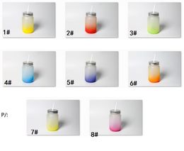 Nieuwe 12oz Sublimatie Blanco Frosted Glas Mokken Gradiënt Kleur Mason Jar met Deksel Plastic Stro Cup GCA13137