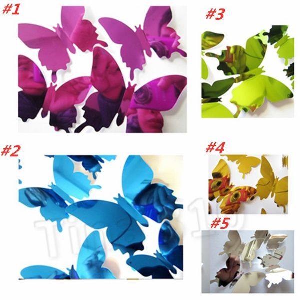 Nuevo 12 unids/set PVC DIY pegatina de pared estereoscópica 3D espejo mariposa pegatina para pared ventana papel tapiz decoraciones de Navidad T2I5563