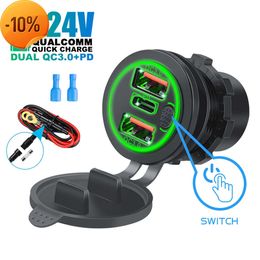 Nuevo Cargador de coche Triple USB-C de 12V/24V, salidas USB 45W PD 3USB 22,5 W QC3.0, adaptador de enchufe para coche con Interruptor táctil