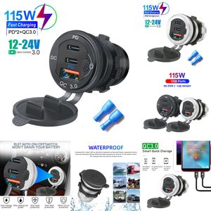 NIEUW 12V/24V USB-lader Socket PD3.0 QC3.0 Type-C-poorten Waterdicht met LED-aanraakschakelaar 115W Snellaadwagen Moto Adapter