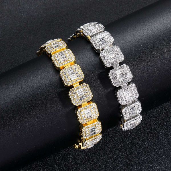 Nueva pulsera de cadena de tenis de diamantes cuadrados de 13 mm, joyería chapada en oro real, pulseras de aleación de cadena cubana con diamantes de imitación de cristal de Hip Hop