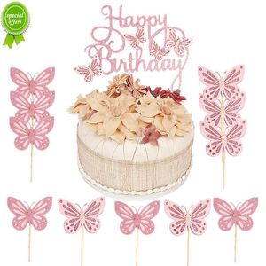 Nuevo 13 Uds mariposa rosa Topper para tarta de feliz cumpleaños niños niña 1er cumpleaños decoración de pastel de fiesta postre Cupcake Topper suministros