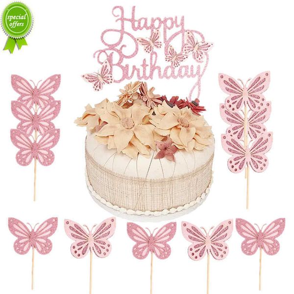 Nouveau 13 Pcs Rose Papillon Joyeux Anniversaire Gâteau Topper Enfants Fille 1er Fête D'anniversaire Gâteau Décoration Dessert Cupcake Topper Fournitures