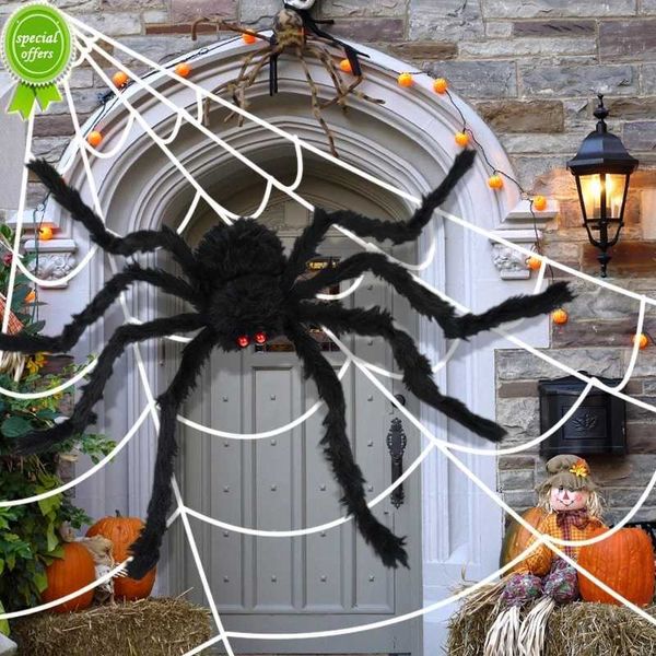 Nueva araña gigante negra de 150/200cm, telaraña enorme, decoración de Halloween para el hogar, Bar, casa embrujada, accesorios, vacaciones, decoración al aire libre