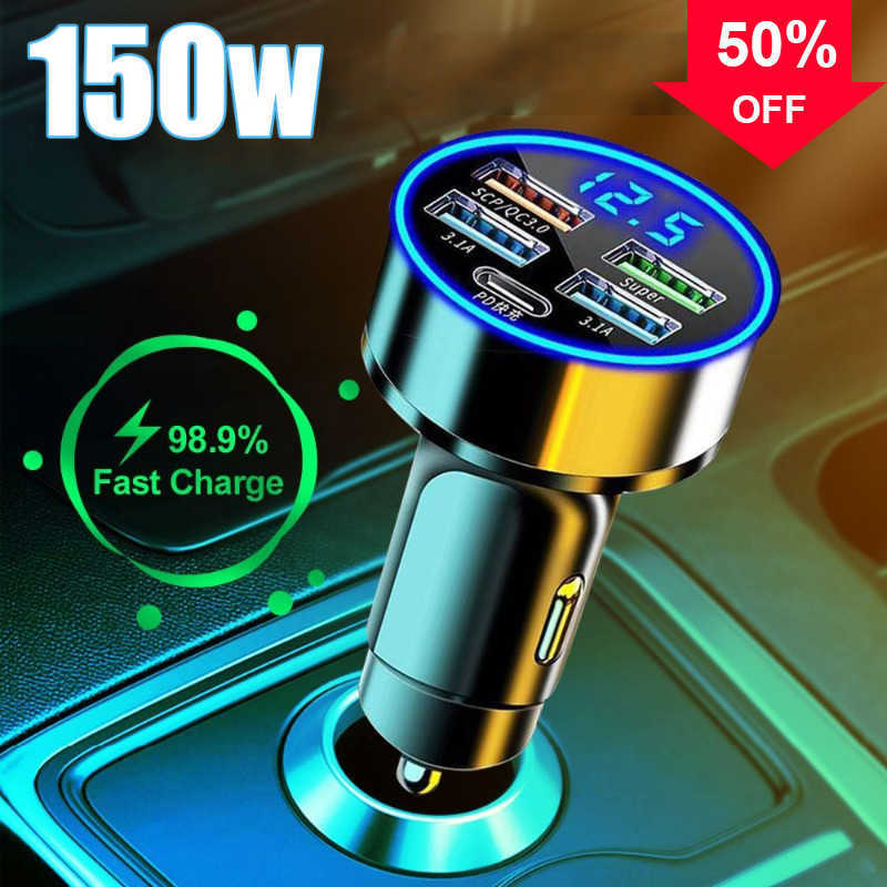 New 150W PD USB Car Charger Fast Charging Type C USB Phone Adapter for IPhone 13 Pro Xiaomi Huawei Samsung Auto Quick Charger