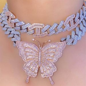 Nieuwe 15mm Iced Out Bling CZ Cubaanse Link Chain Rose Goud Roze Vlinder Ketting Zilver Kleur 2Row CZ Choker vrouwen Hip Hop sieraden255O