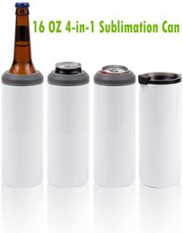 Nieuwe 16 OZ Sublimatie Kan Koeler Tumblers Blanks 4in1 Kan Isolator Adapter met LeackProof Deksel Plastic Stro Roestvrij Staal G8459743