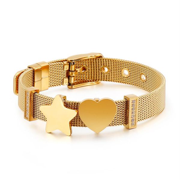 Nouveau 18k or mode femmes inoxydable coeur étoile charmes ceinture maille conception large bracelet en 10mm peut ajuster la taille espagne ours sty256N