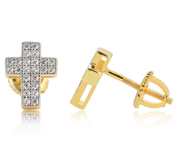 Nuevos 18K chapados en oro Hip Hop Ear Studs Cross Micro Inlaid lab Diamond Full Body S925 Silver Ear Studs