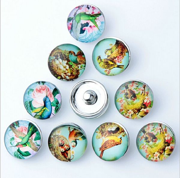 Nouveau 18 MM boutons pression métal verre Noosa morceaux 10 mélange dessin animé oiseau Style Fit femmes enfants bijoux à bricoler soi-même breloque bouton Bracelet