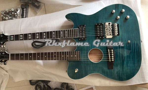 Nouveau 1958 Slash Crossroads Double Neck 6 Cordes Guitare Acoustique Blue Flame Maple Top Guitare Électrique Floyd Rose Tremolo China EQ Pickup Grover Tuners Chrome Hardware