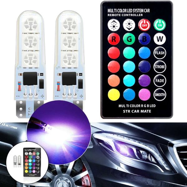 Nuevo 1 par de luces LED anchas de silicona T10 RGB 5050 6SMD de alto brillo 7 colores con control remoto 12V luces pequeñas intermitentes