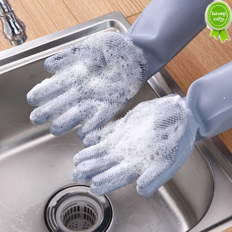 Ny 1Pair Magic Silicone Dishwashing Gloves Scrubber Dish Washing gummisk skrubba handskar gummikök hushållsbilar husdjur handskar