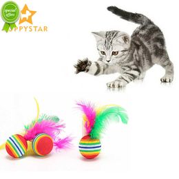 Nouveau 1PC boules drôles chat jouet plume rayé arc-en-ciel boules jouets pour chats chaton interactif formation pour animaux de compagnie jouet chat jeu fournitures SJ0009