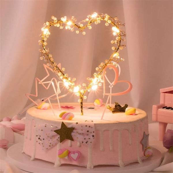 NUEVO 1 PC Heart Shape Led Pearl Cake Toppers Baby Happy Birthday Wedding Wedding Cupcakes Fiest Pasting Tool Y200618193a