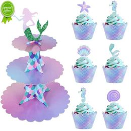Nieuwe 1 Set Mermaid Cake Stand Cupcake Houders Kids Mermaid Verjaardag Decoratie Cupcake Wrapper voor Baby Shower Bruiloft Feestartikelen