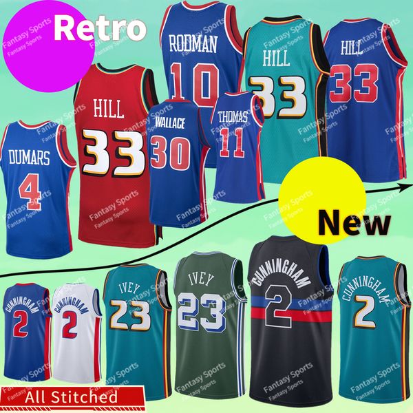 Nouveau 2 Cade Basketball Cunningham Jersey Ivey 23 Mitchell Grant 33 Hill Isiah Dennis Thomas Rodman Joe Dumars Maillots Ness Throwback Stitched Mens Shirts Classic