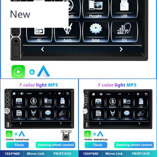 NOUVEAU 2 DIN Radio stéréo Carplay 7 '' tactile Universal Car Multimedia Player Bluetooth FM TF / USB APPAMIER DE VIEUX ARRIÈRE