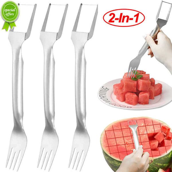 Nouveau 2 en 1 pastèque fourchette trancheuse double tête multi-usages pastèque trancheuse couteau en acier inoxydable cuisine fruits coupe fourchettes