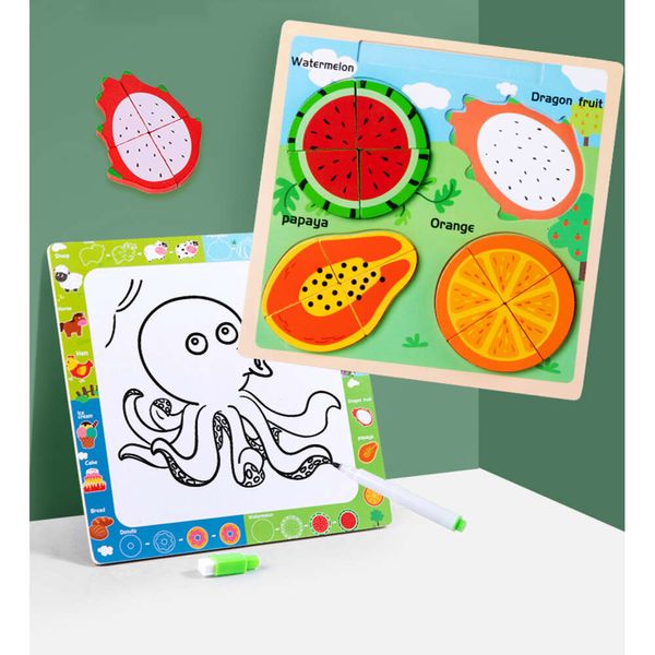 Nuevo Tablero de dibujo de madera 2 en 1 para niños Montessori, juegos educativos de rompecabezas de inteligencia con animales de dibujos animados, juguetes para niños