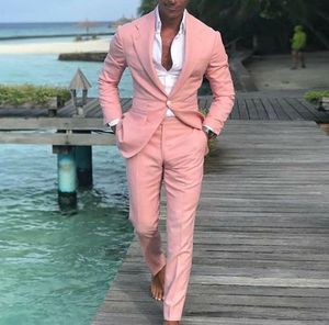 Nieuwe 2 stuks jasbroek Tuxedos Summer Beach Men Suits roze broekpakken voor bruiloft bal slanke fit bruidegom mannen mannelijke pak jas pant