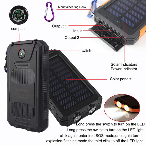 20000mAh 2 puertos USB Cargador de banco de energía solar Batería de respaldo externa con caja de venta al por menor para iPhone iPad Samsung