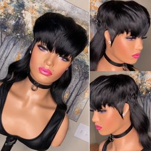 Nieuwe 200 Dichtheid Bob Menselijk Haar Pruik Met Pony Zwarte Korte Golvende Pruik Full Lace Body Wave Pixie Cut Pruiken voor Vrouwen Braziliaanse Remy Haar