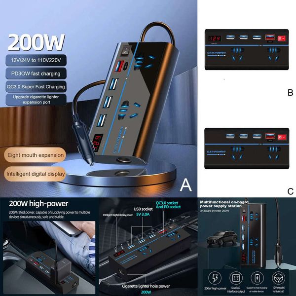 Nuevo inversor de 200W DC 12V a AC 110V/220V convertidor Typec Station Auto carga rápida adaptador de alimentación USB Inv S4u8