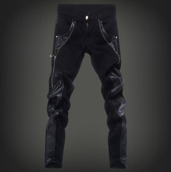 Livraison gratuite nouveau 2016 mode cuir patchwork jean skinny hommes marque style punk slim fit crayon pantalon hommes