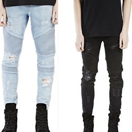 NOVO 2016 Rua Buraco BIKER JEANS estéreo recorte elástico Buraco Rasgado Jeans Homens Denim dobrar pé locomotiva JEANS Strech Skinny Bike247U