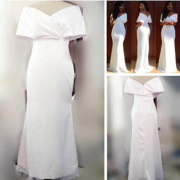 Blanco nuevo Satén Aso Ebi Vestidos de novia africanos Nigeria Vestidos largos de dama de honor fuera del hombro Vestidos de fiesta formales