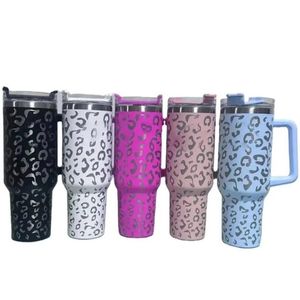 Luipaardprint 40oz Quencher Tumblers roestvrij stalen handgreep deksel rietje grote capaciteit bier mok water fles poeder outdoor camping cups cheetah tumblers ons bouillon