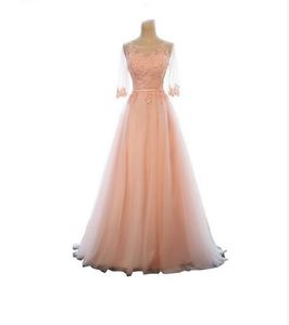 Nieuwe 2019 avondjurk banket zoete roze ronde hals nek halve mouw transparante kant enbroidery a-line lange prom formele jurk 492
