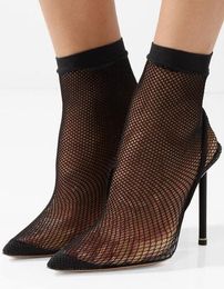 NIEUWE 2018 Merk Vrouwen Sexy Zwart Puntige Toe Stiletto Hak Slip op Elastische Fishnet Sokken Kort / Over de knie laarzen Plus Size 42