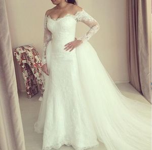 Nouveau 2018 Full Lace Manches Longues Hors De L'épaule Robes De Mariée Sirène Avec Tulle Jupe Détachable Robes De Mariée Sur Mesure Chine EN12073